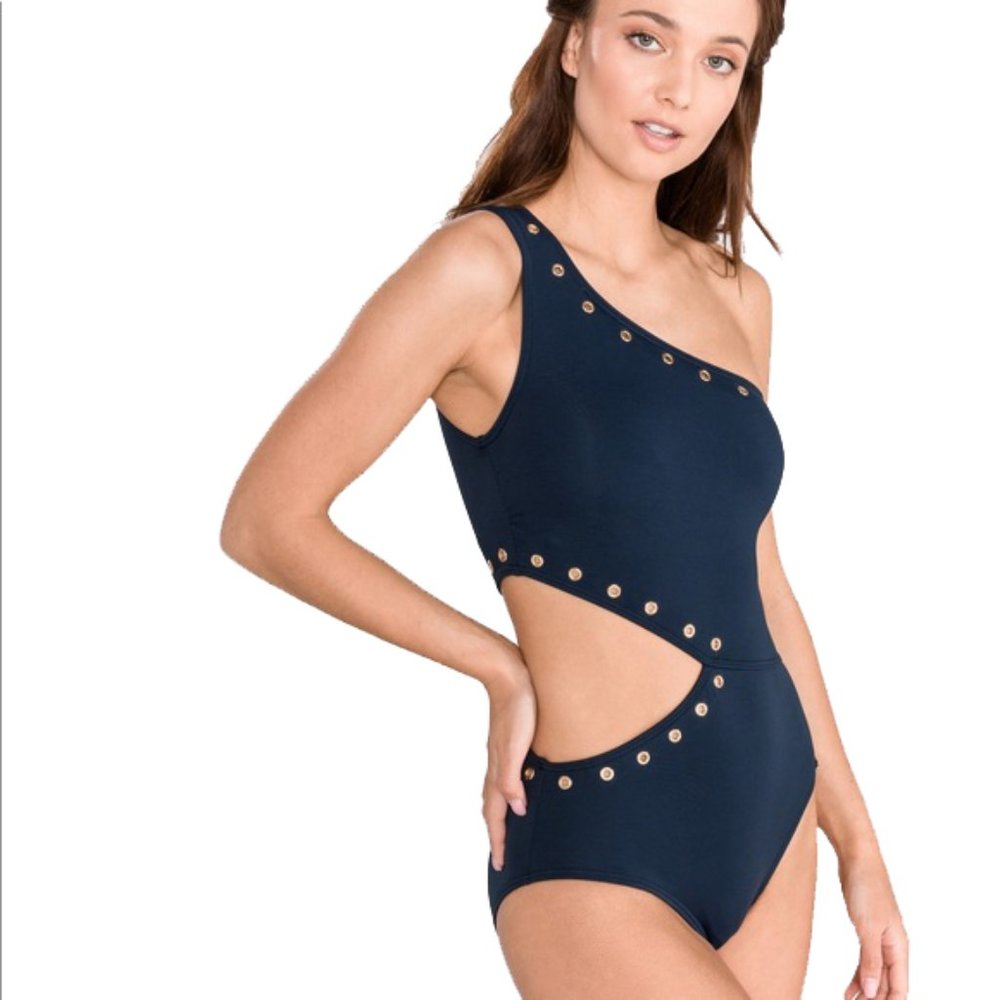 NWT Michael Kors Grunge Luxe Navy One Piece Swimsuit Size 12